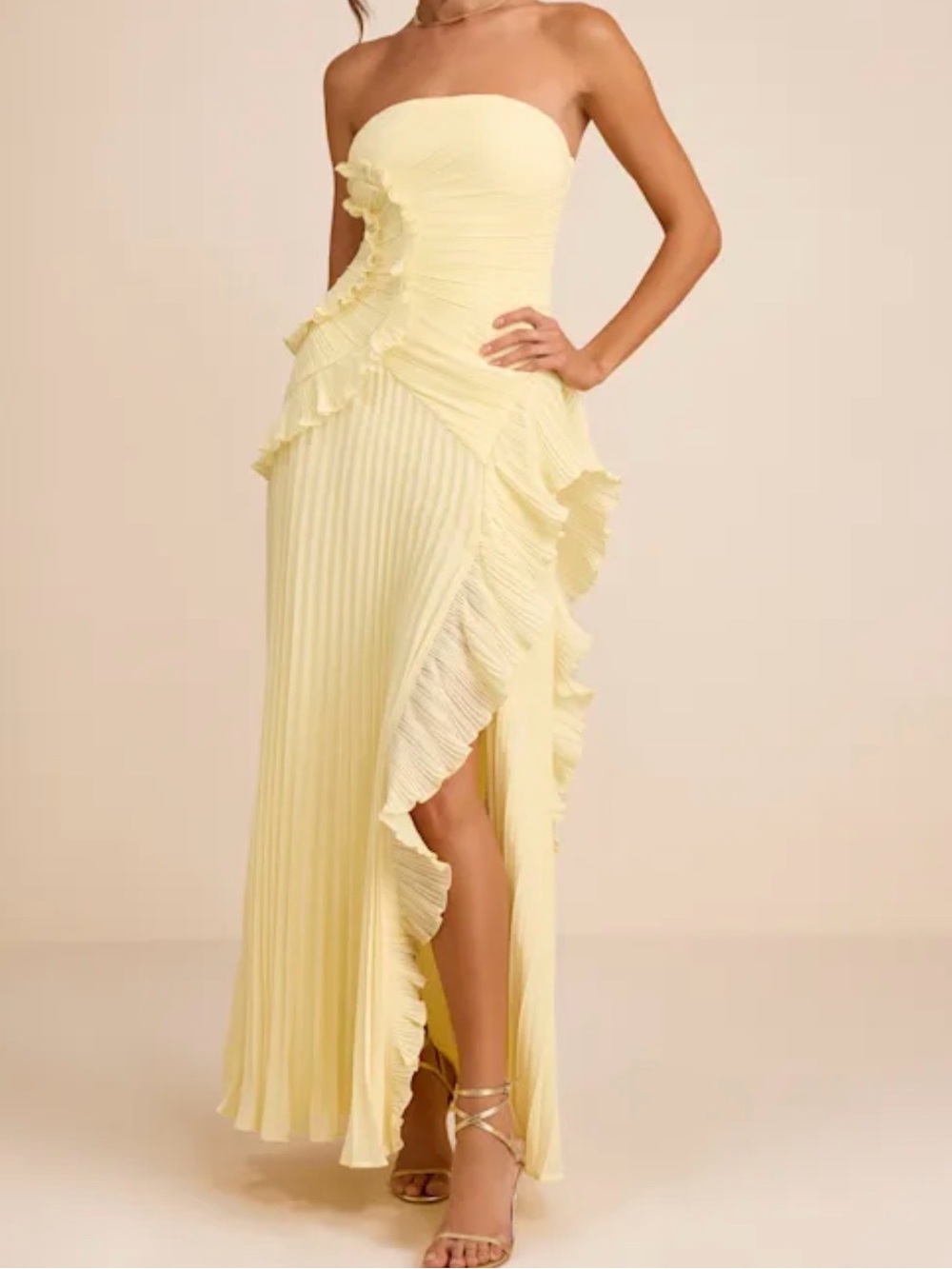 Lulu's Strapless Lemon Ruffle Pleated Maxi Dress
